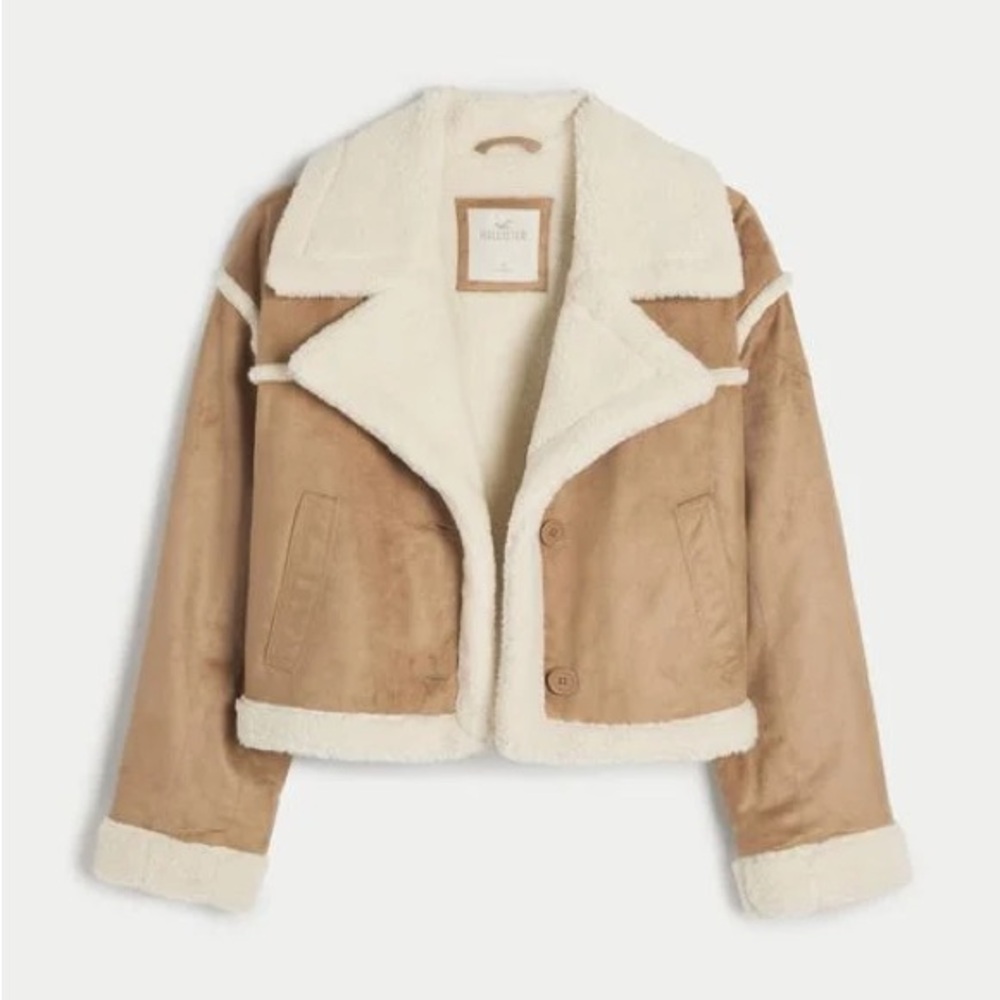 Hollister Women’s Cropped Sherpa-Lined Faux Suede Biker Jacket Size XL